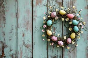 AI generated Rustic Easter Egg Wreath Hanging on Vintage Distressed Wooden Door photo