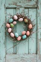 AI generated Rustic Easter Egg Wreath Hanging on Vintage Distressed Wooden Door photo