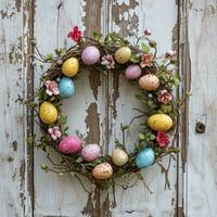 AI generated Rustic Easter Egg Wreath Hanging on Vintage Distressed Wooden Door photo