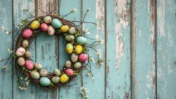 ai generado rústico Pascua de Resurrección huevo guirnalda colgando en Clásico afligido de madera puerta foto