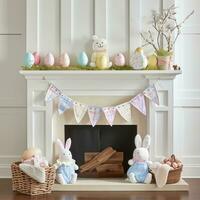 AI generated Pastel Bunny Banners and Egg Accents Adorn Festive Fireplace Display photo