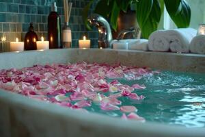 AI generated Rose-petal-filled Tub, Candles, and Aromatic Essential Oils photo