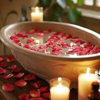 AI generated Rose-petal-filled Tub, Candles, and Aromatic Essential Oils photo