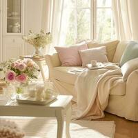 AI generated A beautifully decorated living room, adorned with pastel-colored cushions, throws photo