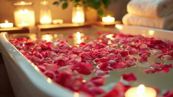 AI generated Rose-petal-filled Tub, Candles, and Aromatic Essential Oils photo