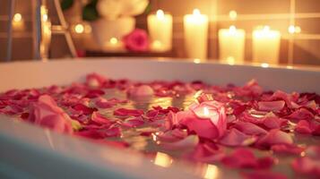 AI generated Rose-petal-filled Tub, Candles, and Aromatic Essential Oils photo