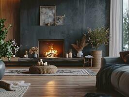 AI generated modern interior flat and living room with fireplace photo