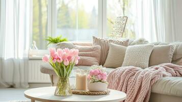 AI generated A beautifully decorated living room, adorned with pastel-colored cushions, throws photo