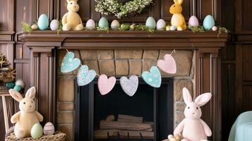 AI generated Pastel Bunny Banners and Egg Accents Adorn Festive Fireplace Display photo