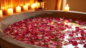 AI generated Rose-petal-filled Tub, Candles, and Aromatic Essential Oils photo