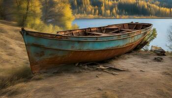 ai generado un oxidado barco en el apuntalar foto