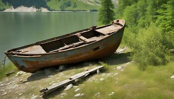AI generated a boat is sitting on the ground near a lake photo