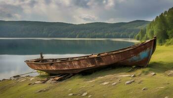 AI generated an old boat sits on the shore of a lake photo