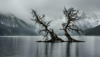 AI generated two dead trees stand in the middle of a lake photo