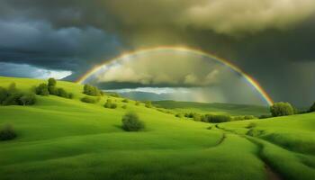 ai generado arco iris terminado verde herboso colinas con arboles y arboles foto