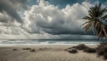 AI generated a palm tree stands on the beach under a stormy sky photo