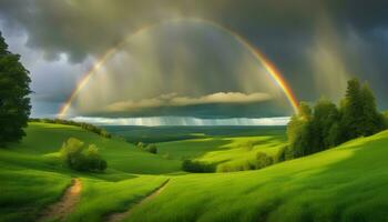 AI generated rainbow over green grassy hills with trees and trees photo