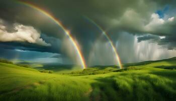 AI generated a rainbow is seen over a green field photo