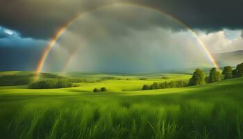 ai generado arco iris terminado verde campo con arboles y césped foto