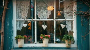 AI generated Heart garlands, lace curtains, and blooming potted flowers photo