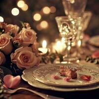 ai generado alumbrado por velas cena con rosas, corazones, y suave texturas foto