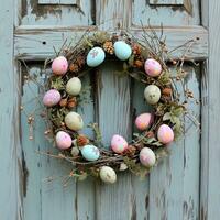 AI generated Rustic Easter Egg Wreath Hanging on Vintage Distressed Wooden Door photo