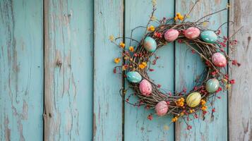 ai generado rústico Pascua de Resurrección huevo guirnalda colgando en Clásico afligido de madera puerta foto