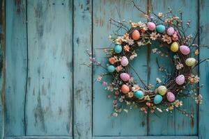AI generated Rustic Easter Egg Wreath Hanging on Vintage Distressed Wooden Door photo
