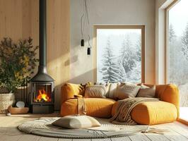 AI generated warm sofa near a wood burning stove photo