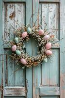 AI generated Rustic Easter Egg Wreath Hanging on Vintage Distressed Wooden Door photo