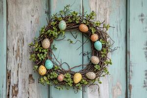 AI generated Rustic Easter Egg Wreath Hanging on Vintage Distressed Wooden Door photo