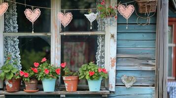 AI generated Heart garlands, lace curtains, and blooming potted flowers photo