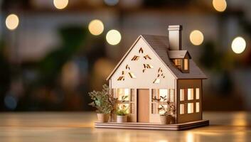 AI generated a wooden house model on a wooden table with greenery photo