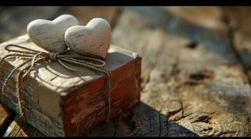 AI generated a wooden box with two white hearts tied along with brown paper on a wooden photo
