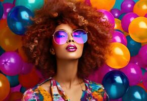 AI generated afrohaired girl with glasses and balloons photo