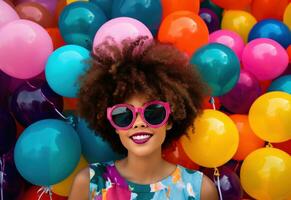 AI generated afro haired young girl with glasses and balloons photo