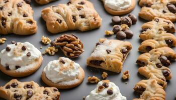 AI generated chocolate chip cookies with cream and nuts photo