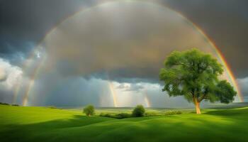 AI generated rainbow over green grass and trees photo