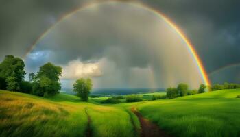 ai generado arco iris terminado un campo con arboles y césped foto