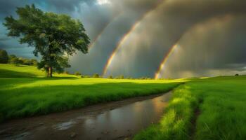 ai generado arco iris terminado un campo con arboles y un corriente foto