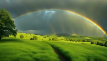 ai generado arco iris terminado verde herboso campo con arboles y un camino foto