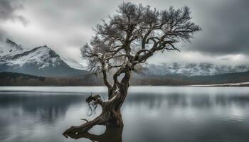 ai generado un solitario árbol soportes en el medio de un lago foto