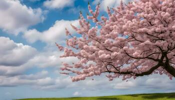 ai generado un rosado Cereza árbol es en floración en un herboso campo foto