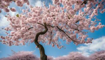 ai generado un árbol con rosado flores en el cielo foto