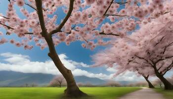 AI generated cherry blossom trees in a field with a path photo