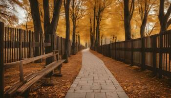 AI generated a walkway in the fall with a bench in the middle photo