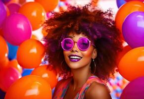 AI generated afrohaired girl with glasses and balloons photo