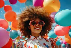 AI generated afro haired young girl with glasses and balloons photo