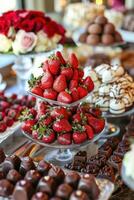 ai generado decadente bombones, fresas, y en forma de corazon postres foto