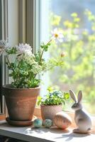 AI generated Potted Blooms, Easter Eggs, and Miniature Bunny Decor photo
